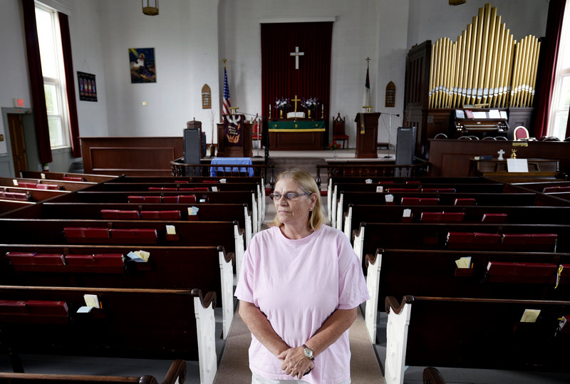 Sharon Ward, historian at First United Methodist Church in South Portland, says when she was a child, Sunday service used to attract as many as 150 parishioners; these days, 20 congregants is a good showing for worship.