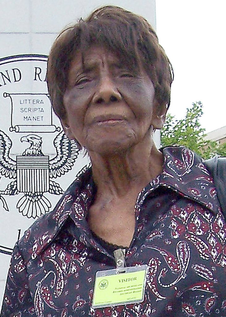 This July 20, 2012 photo provided by Marcus E. Jones shows his grandmother, Lillian Bonner Sutson, outside the The National Archives at Atlanta facility in Morrow, Ga. Sutson, a little-known civil rights activist whose attempts to register as a voter in South Carolina in 1940 set a precedent in the fight against segregation and voting discrimination in the South. Bonner died Monday, July 29, 2013, in Saugus, Mass. She was believed to be 99. (AP Photo/Marcus E. Jones)