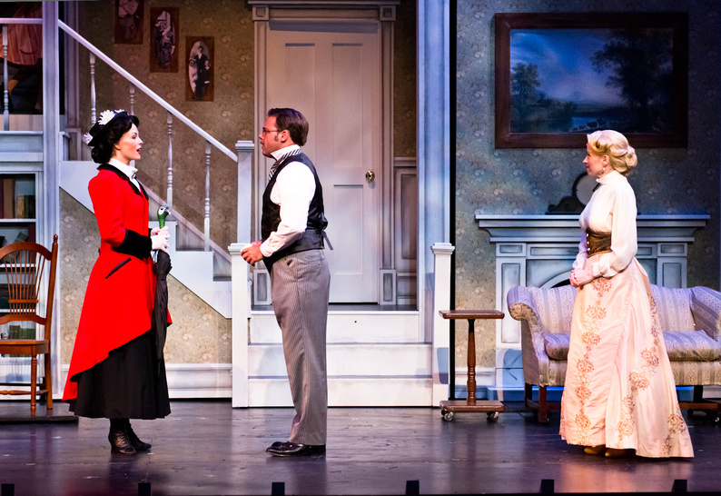 Lauren Blackman as Mary Poppins, Jeff Coon as Mr. Banks and Heidi Kettenring as Mrs. Banks in the Maine State Theatre production of "Mary Poppins."