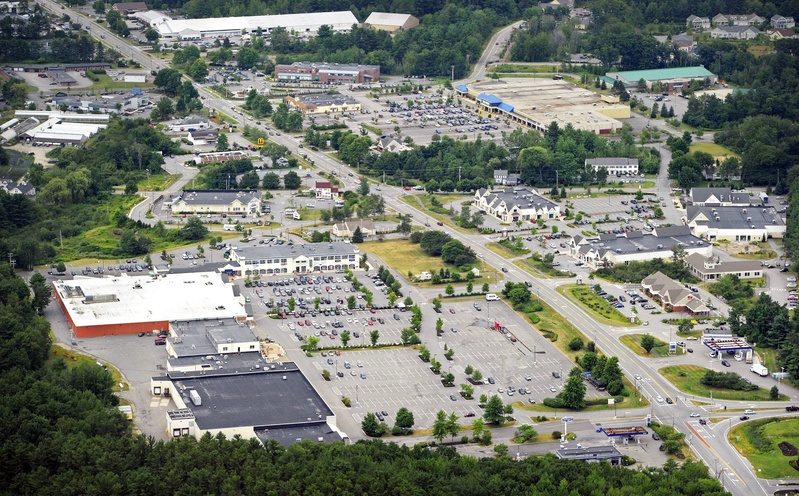 An aerial view of the Falmouth business district, including Walmart, at upper right.