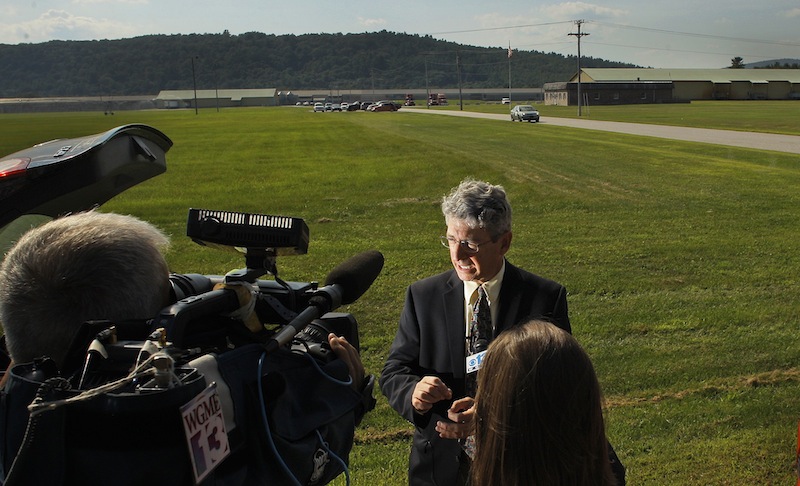Deputy Maine Attorney General in charge of the criminal division, William Stokes, briefed the assembled media at Moark Egg Farm in Turner on Tuesday, August 20, 2013, regarding the Monday incident in which a man was accidentally shot and killed at the farm by a co-worker who was shooting rodents and stray chickens.