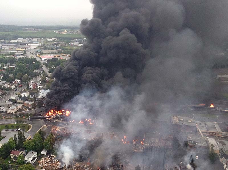 This aerial photo shows a fire in the town of Lac-Megantic as seen from a Sûreté du Québec helicopter Saturday, July 6, 2013 following a train derailment that sparked several explosions in Lac Megantic, Quebec. (AP Photo/Sûreté du Québec via The Canadian Press) Canada