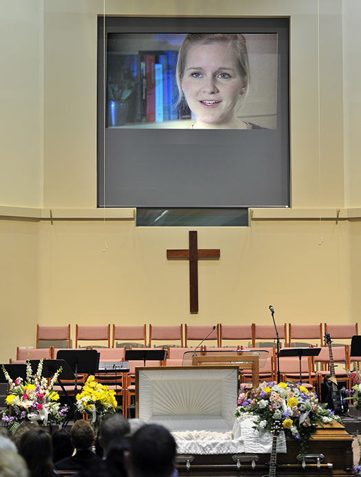 A video shown at a celebration of her life shows Ashley Drew speaking about her medical condition at First Baptist Church in Portland on Friday.