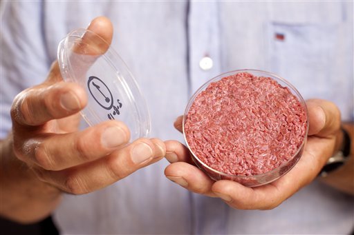 A new Cultured Beef Burger made from beef grown in a laboratory from stem cells of cattle is held by the man who developed the burger, Mark Post of Netherland's Maastricht University, on Monday.