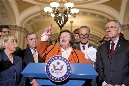 Sen. Barbara Mikulski, D-Md., chair of the Senate Appropriations Committee, and other Senate Democratic leaders, speak to reporters after Senate Republicans killed a $54 billion funding bill for transportation, housing and community development grants because it exceeded spending limits required under automatic budget cuts.
