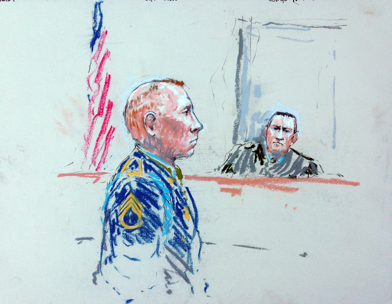 In this courtroom sketch, Staff Sgt. Robert Bales appears before Judge Col. Jeffery Nance in a courtroom at Joint Base Lewis-McChord, Wash., on Tuesday during a sentencing hearing in the slayings of 16 Afghan civilians.