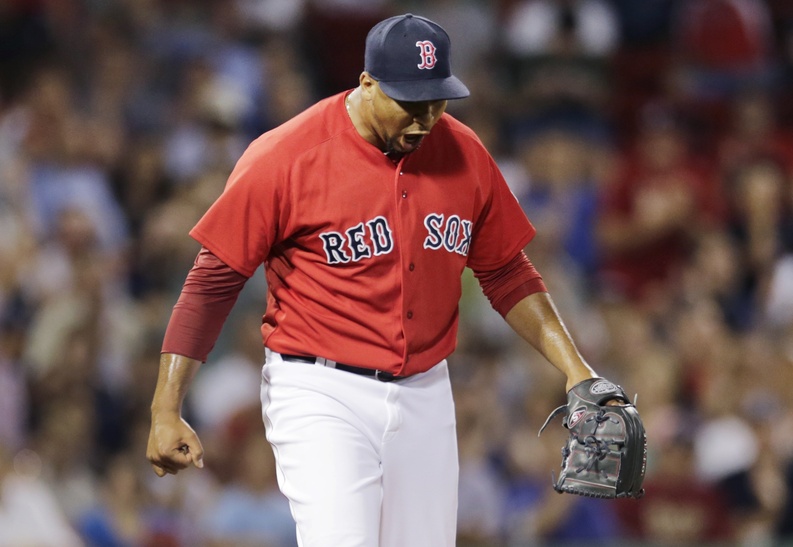Boston Red Sox relief pitcher Pedro Beato yells after getting Arizona Diamondbacks Did Gregorius to strike out to end the seventh inning at Fenway Park on Friday in Boston.