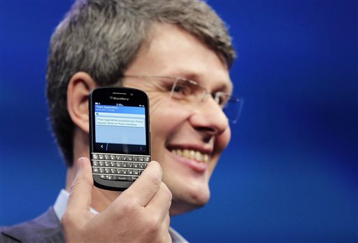 Thorsten Heins, CEO of Research in Motion, introduces the BlackBerry Z10, in New York. in this Jan. 30, 2013 photo. Sales of the the flagship phone missed analysts' estimates by almost a million units last quarter.