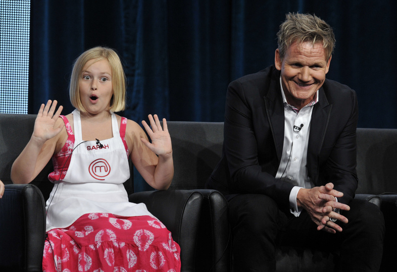 Sarah, a contestant on the Fox show "MasterChef Junior," makes fun of judge/executive producer Gordon Ramsay during a panel discussion on the show on Thursday in Beverly Hills, Calif.