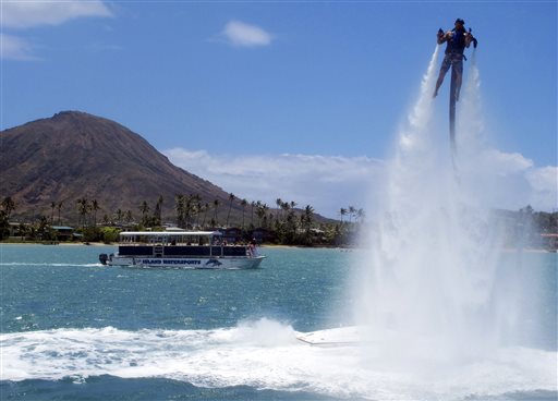 A jetpack instructor at H2O Water Sports demonstrates how to use a Jetlev in Honolulu. Complaints from fishermen and other ocean enthusiasts prompted the Hawaii Department of Land and Natural Resources to call a public meeting about the devices last month.