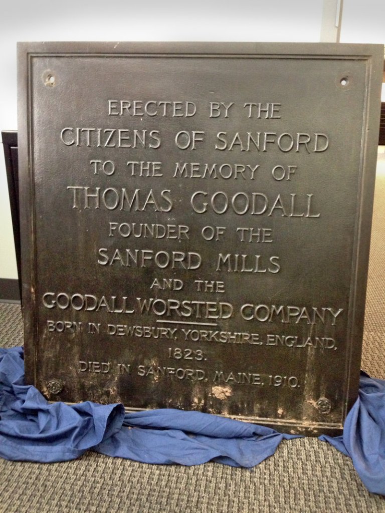 This plaque was stolen from the Thomas Goodall statue in Sanford on Aug. 10. After receiving a tip, police say they found it Saturday at the Main Street apartment of 21-year-old Zachary Blier.