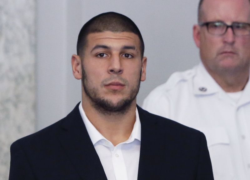 Former New England Patriots NFL football tight end Aaron Hernandez appears during a probable cause hearing for a murder charge in Attleboro District Court in Massachusetts on July 24.