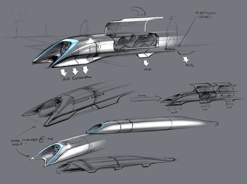This image released by Tesla Motors shows a conceptual design sketch of the Hyperloop passenger transport capsule. Billionaire entrepreneur Elon Musk on Monday, Aug. 12, 2013 unveiled the concept for a transport system he says would make the nearly 400-mile trip in half the time it takes an airplane. The "Hyperloop" system would use a large tube. Inside, capsules would float on air, traveling at over 700 miles per hour. (AP Photo/Tesla Motors)