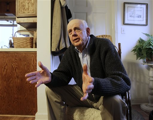 In this March 10, 2011 photo, author Wendell Berry talks with a reporter at his home in Port Royal, Ky. For his career of writings about the need to live in harmony with the Earth, the 79-year-old Kentucky author has been awarded the Dayton Literary Peace Prize. (AP Photo/Ed Reinke)