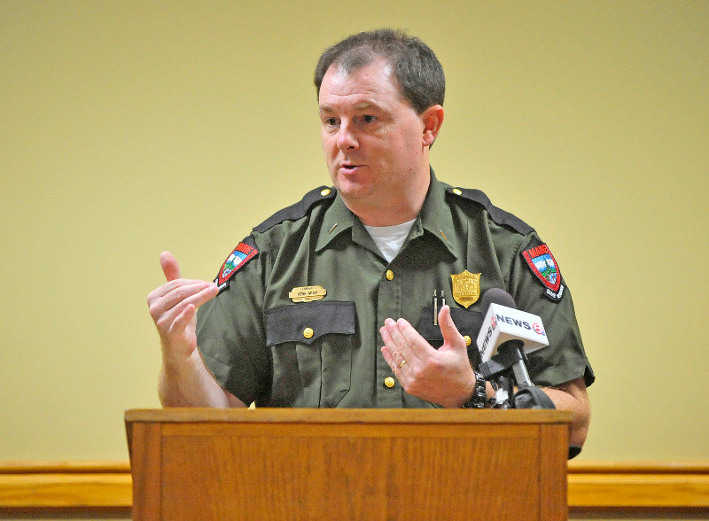 Lt. Kevin Adam, with the Maine Warden Service, speaks with reporters during a press conference today about missing Appalachian Trail thru-hiker Geraldine Largay, 66, at the Sugarloaf Mountain Hotel conference center in Carrabassett Valley.