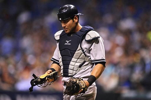 New York Yankees catcher Francisco Cervelli reacts to a play during an April game against the Tampa Bay Rays in St. Petersburg, Fla.