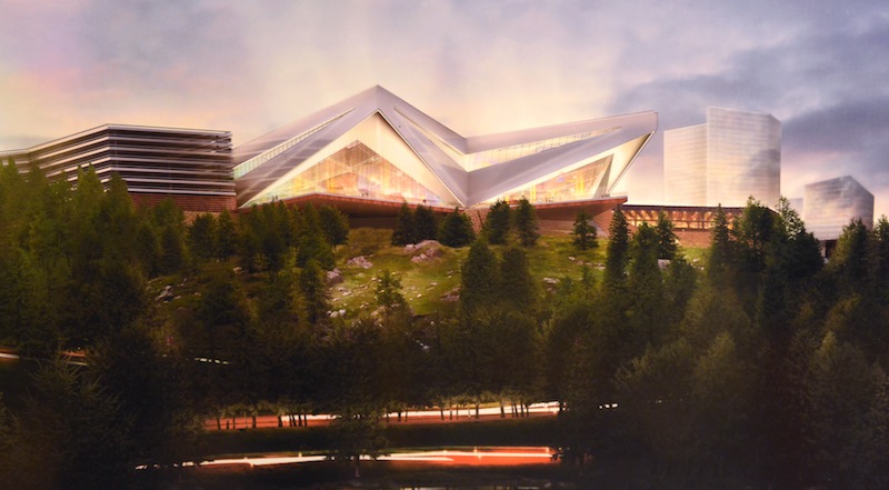 This undated artist's rendering provided by Mohegan Sun depicts their proposed casino in Palmer, Mass. A host community agreement between operators of Connecticut's Mohegan Sun casino and Palmer officials would provide the small western Massachusetts town with nearly $3 million in upfront payments and more than $16 million in estimated yearly revenue if a resort casino complex was approved and built. (AP Photo/Mohegan Sun via The Springfield Republican)