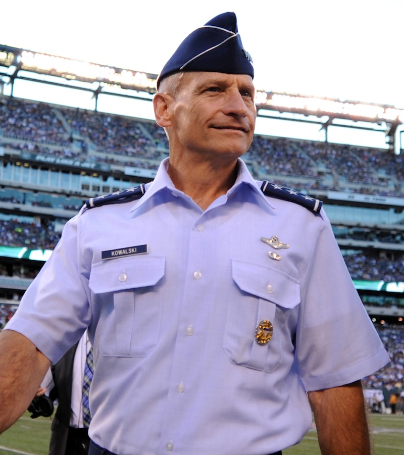 This image provided by the U.S. Air Force shows Lt. Gen. James M. Kowalski, Air Force Global Strike Command commander, is seen after a coin toss at Metlife Stadium in East Rutherford, N.J., on Aug. 18, 2012. An Air Force unit that operates one-third of the nation's land-based nuclear missiles at Malmstrom Air Force Base, Mont., has failed a safety and security inspection, marking the second major setback this year for a force charged with the military's most sensitive mission, Kowalski, who is in charge of the nuclear air force, told The Associated Press on Tuesday, Aug. 13, 2013. He said a team of "relatively low ranking" airmen failed one exercise as part of a broader inspection, which began last week and ended Tuesday. He said that for security reasons he could not be specific about the team or the exercise. (AP Photo/Grovert Fuentes-Contreras) Air Force Week;honor guard