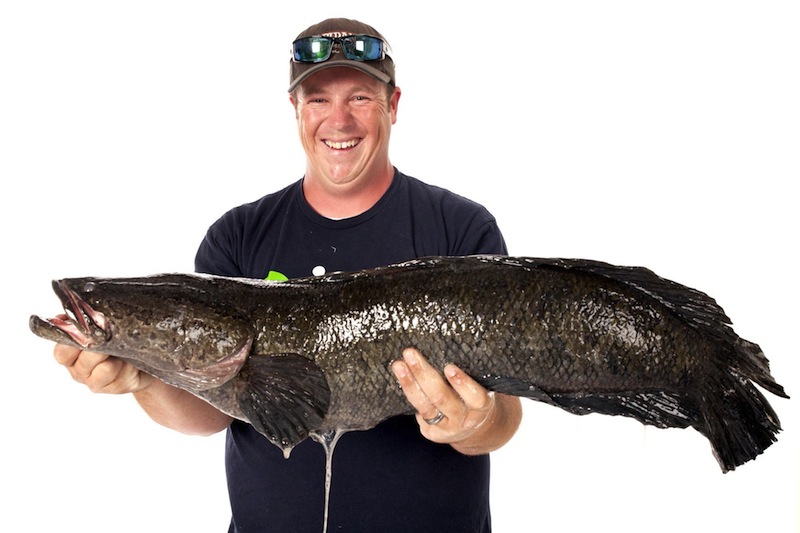 Caleb Newton, who lives in Spotsylvania County, Va., poses June 3, 2013 with the 17 pound 6 ounce northern snakehead fish that he caught in Aquia Creek. He has filed paperwork with the International Game Fish Association to have the fish registered as a world-record holding catch. (AP Photo/The Free Lance-Star, Griffin Moores) SNAKEHEAD;RECORD SNAKEHEAD;AQUIA CREEK