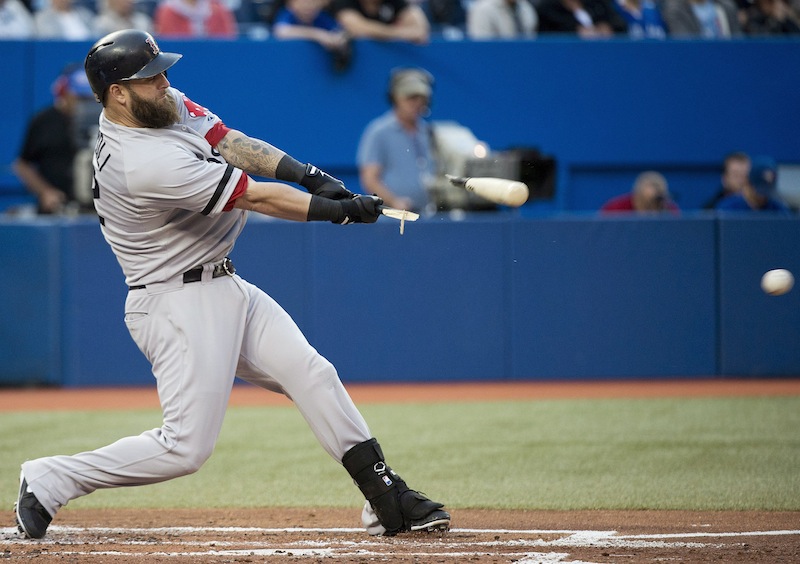 Boston Red Sox first baseman Mike Napoli breaks his bat on a ground-out during the second inning of a baseball game against the Toronto Blue Jays in Toronto on Wednesday, Aug. 14, 2013. (AP Photo/The Canadian Press, Nathan Denette) Blue Jays;athlete;athletes;athletic;athletics;Canada;Canadian;Center;Centre;competative;compete;competing;competition;competitions;event;game;Jays;League;Major;MLB;pro;professional;Rogers;sport;sporting;sports;Toronto;baseball;American;AL;2013