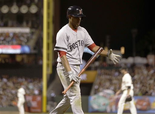 Boston Red Sox player Xander Bogaerts walks back to the dugout after striking out against the Giants during the sixth inning of Tuesday's game in San Francisco.