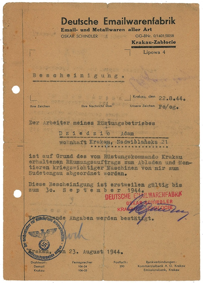This photo provided Aug. 7, 2013 by RR Auction House of Amherst, N.H. shows a one-page letter in German dated Aug. 22, 1944 and signed by Oskar Schindler. The auction house says it will take bids this month on a collection of documents signed by Oskar Schindler, the industrialist who saved more than a thousand Jewish workers during World War II. (AP Photo/RR Auction House)