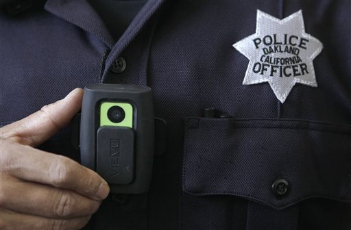 A video camera worn by some officers in Oakland, Calif., is shown in this 2011 photo. A judge who slammed New York City's stop-and-frisk program as discriminatory has suggested a pilot program in which officers wear cameras on their uniforms to record street encounters.