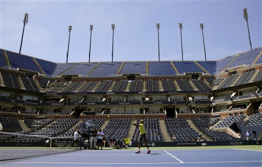 Rafael Nadal of Spain practices a day before the US Open tennis tournament, Sunday, Aug. 25, 2013, in New York. (AP Photo/Charles Krupa)