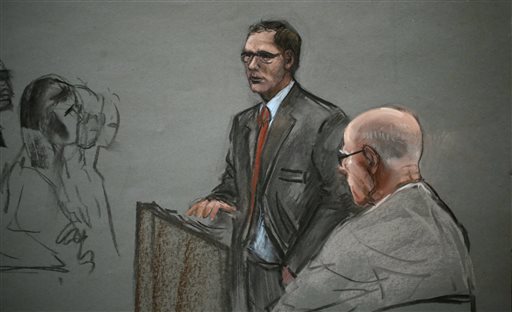 In this courtroom sketch, James "Whitey" Bulger, right, listens to his attorney, Hank Brennan, during closing arguments at U.S. District Court, in Boston on Monday.