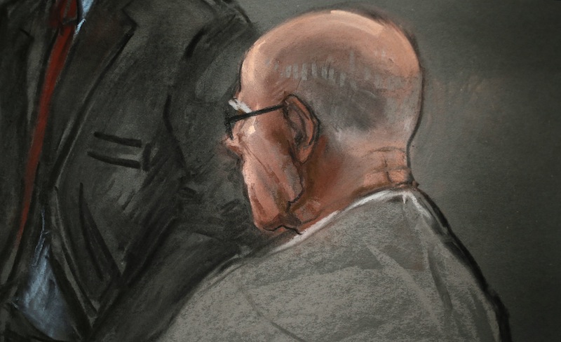 In this courtroom sketch, James "Whitey" Bulger listens to defense attorney, Hank Brennan, during closing arguments at U.S. District Court, in Boston, Monday, Aug. 5, 2013. Bulger, 83, is accused of playing a role in 19 killings during the 1970s and '80s as leader of the Winter Hill Gang, Boston's murderous Irish mob. (AP Photo/Jane Flavell Collins)