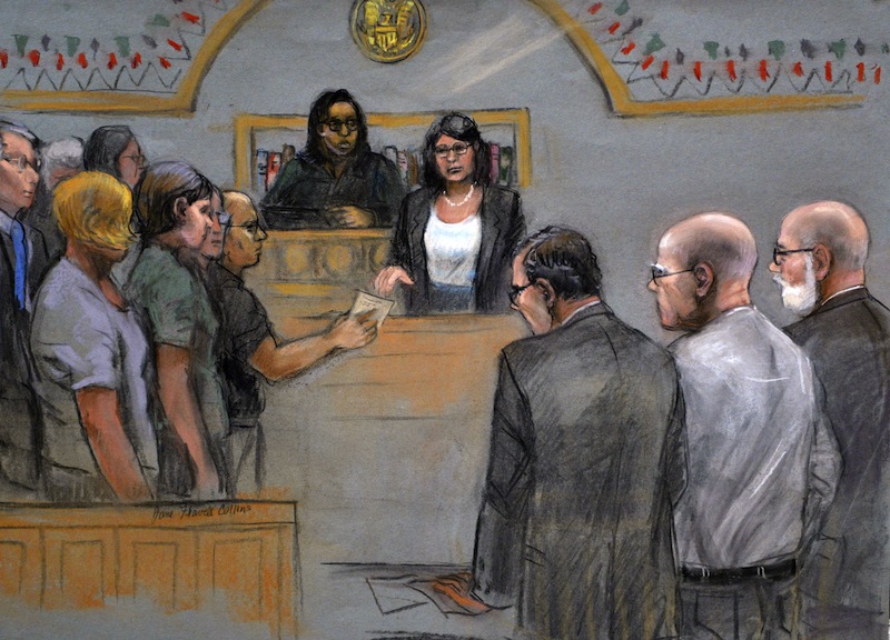 In this courtroom sketch, James "Whitey" Bulger, second from right, stands with defense attorneys Hank Brennan, third from right, and J.W. Carney, right, as the jury submits its verdicts before Judge Marianne Bowler Monday, Aug. 12, 2013 in federal court in Boston. Bulger was found guilty on several counts of murder, racketeering and conspiracy. (AP Photo/Jane Flavell Collins)