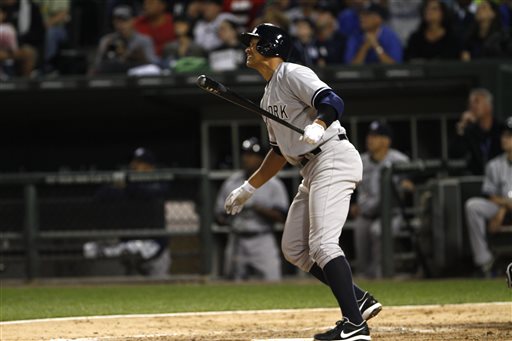 Alex Rodriguez, who’s appealing his 211-game suspension, grimaces after flying out during Monday’s loss to the Chicago White Sox – the first major league game the controversial Yankee has played since the 2012 postseason.