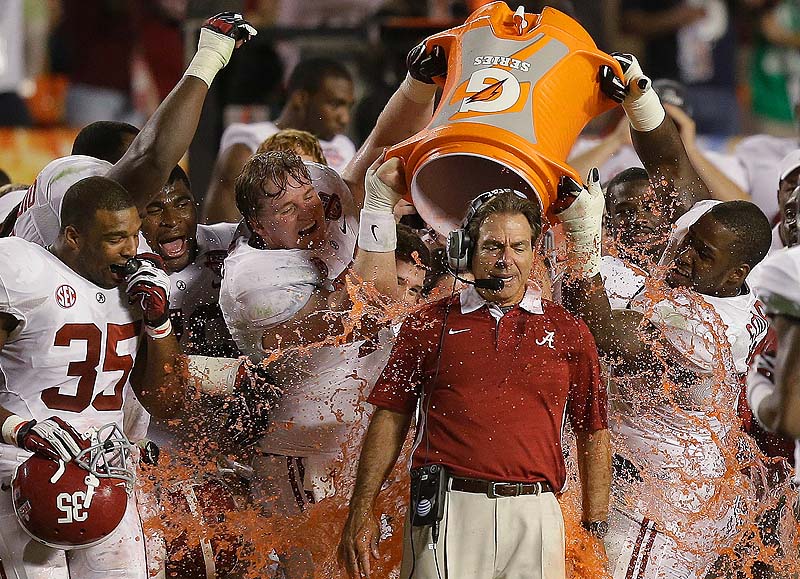 Alabama Coach Nick Saban gets doused with Gatorade in the final seconds of the BCS National Championship game last January against Notre Dame in Miami. Alabama will begin this season the way it ended the last two – No. 1.