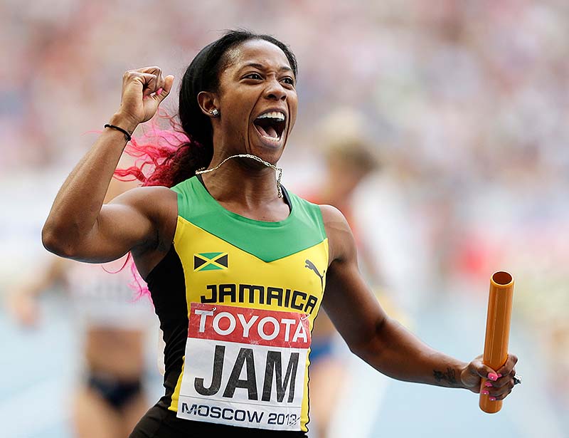 Jamaica's Shelly-Ann Fraser-Pryce reacts after winning the women's 4x100-meter relay final at the world championships on Sunday in Moscow.