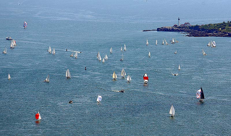 Racers compete in the MS Regatta, seen in this aerial image on Saturday with Portland Head Light in the background.