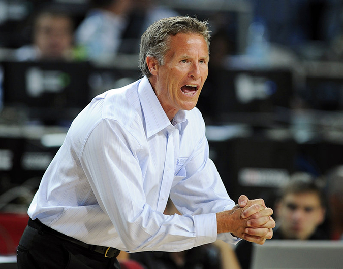 In this September 2010 photo, Brett Brown, then-head coach of the Australian team, shouts instructions during the World Basketball Championship against Slovenia in Istanbul, Turkey.