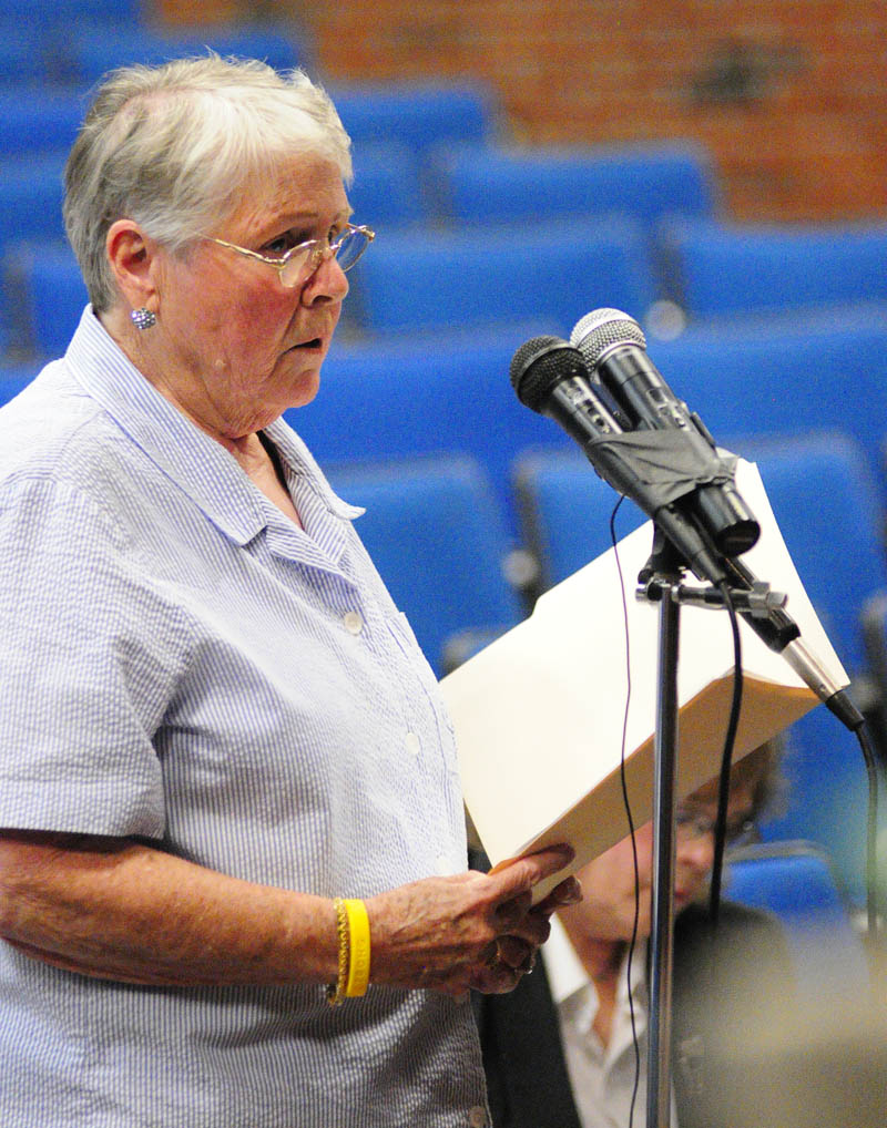 Marguerite Lachance, 79, of Springvale, testifies about smart meters during a Public Utilities Commission hearing Wednesday at Jewett Hall on the campus of University of Maine at Augusta.
