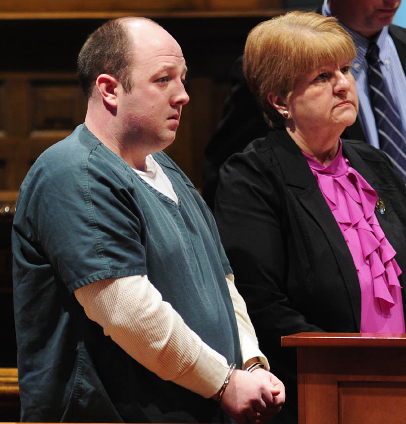 Matthew Partridge, left, and his attorney, Pamela Ames, appear in Kennebec County Superior Court on Jan. 30 in Augusta. Partridge is expected to plead guilty to manslaughter on Wednesday in the December shooting death of Justin V. Smith, 26, of South China, outside a Waterville bar.