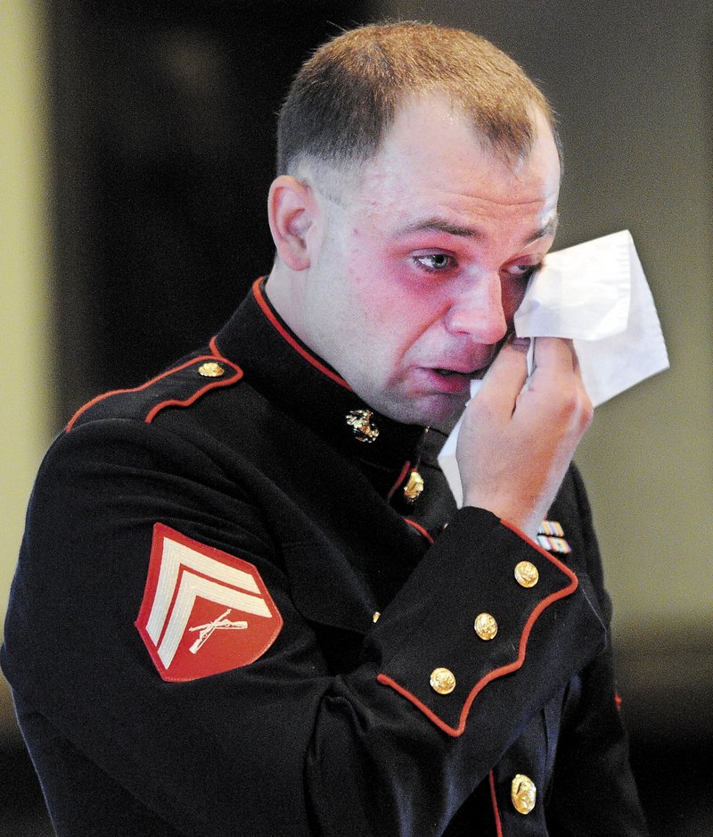 Clad in the dress uniform of the Marine Corps, Travis Lawler was sentenced to four years Monday, July 29, 2013 at Kennebec County Superior Court for a drunken-driving incident that killed his sister and her boyfriend and seriously injured a passenger.
