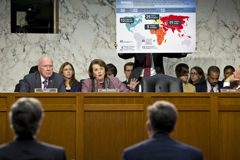With a chart listing thwarted acts of terrorism behind them, Sen. Patrick Leahy, D-Vt., left, and Sen. Dianne Feinstein, D-Calif., question top White House officials Wednesday.