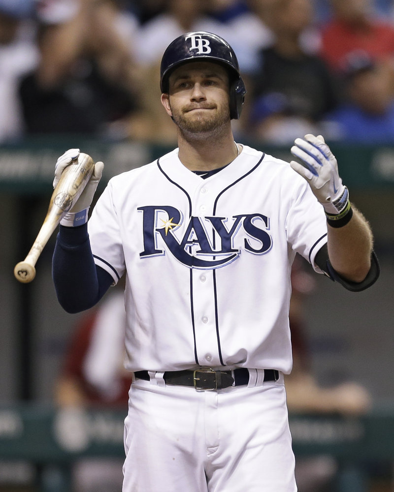 Evan Longoria of the Rays reacts after striking out with the bases loaded to end the seventh inning Wednesday in St. Petersburg, Fla. Arizona won, 7-0.