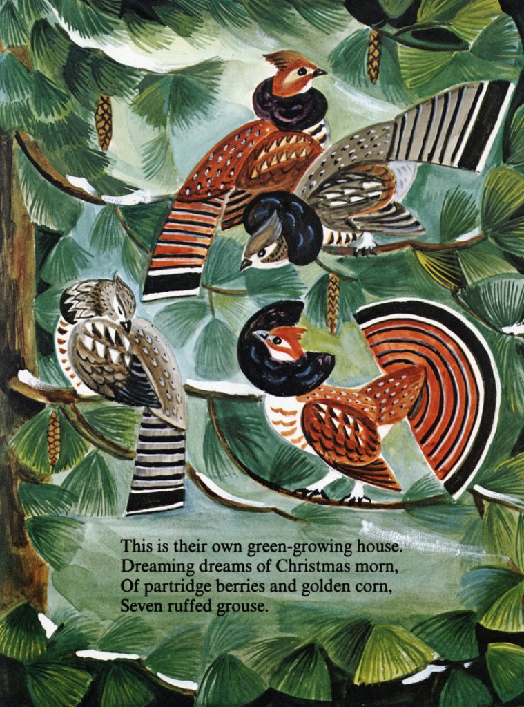 Kevin Hawkes’ artwork from Dahlov Ipcar’s “Seven Ruffed Grouse” from “My Wonderful Christmas Tree” is part of the “Tell Me a Story: About Maine” exhibition at the Atrium Art Gallery in Lewiston.