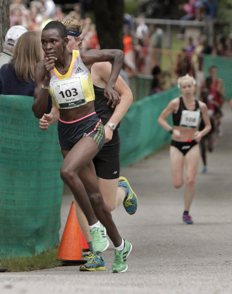 Joyce Chepkirui stayed ahead of a pack of about 10 runners until about the five-mile mark when she pulled away and raced to the women’s championship on Saturday in Cape Elizabeth.
