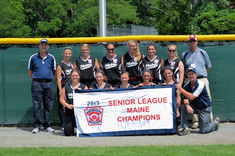 Members of the Maine District 6 Senior Little League Softball All-Stars, who went 2-2 at the Eastern Regional in Worcester, Mass., pictured from left to right: Front row – Allison Morse, Heather Chapman, Ally Tillotson, Sam Libby, Ashley Clark and Manager Bill Chapman; Back row – Coach Don Libby, Maddie Elliott, Allie Pike, Elizabeth Walker, Julia Treadwell, Breanna Lifland, Taylor Whaley and Coach Matt Whaley. Missing from photo – Rebecca Howell, Kylie Martin and Kolby Woods.