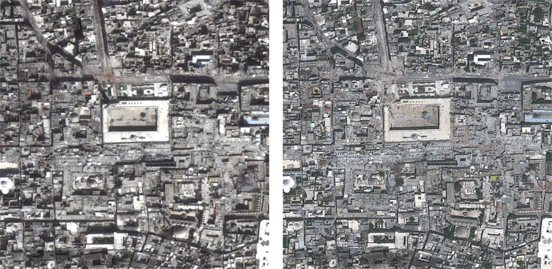 Satellite images show Aleppo, Syria, on March 1, left, and May 26, right. The city’s Great Mosque is at the center.