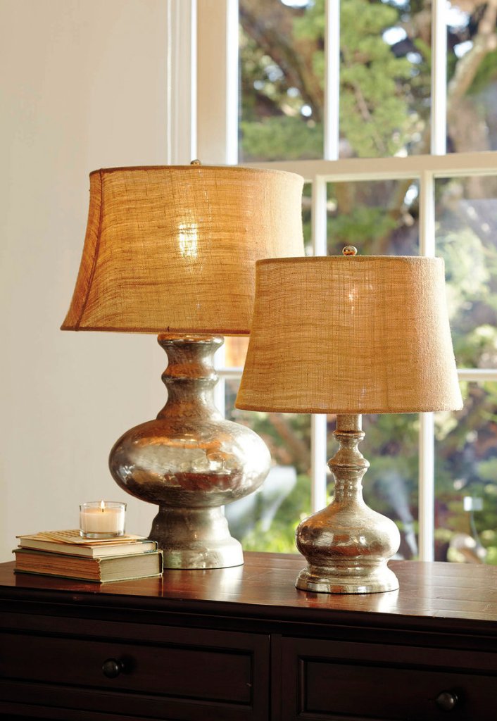 A pair of antiqued mercury glass lamps, also from Pottery Barn