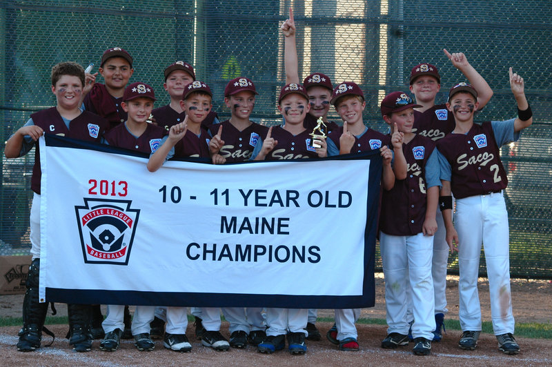 Saco Little League’s 10-11 all-stars won the state championship for the second straight year, beating Dirigo 13-1 in the final in Saco on July 30. Team members, from left to right, Cal Christoforo, Will Mitchell, Jackson Cochrane, Luke Ham, Ryan Penney, Ethan Tsomides, Ben Ham, Austin Morin, Grant Dow, Hayden Lehigh, Patrick Sawyer and Kobe Gaudette.