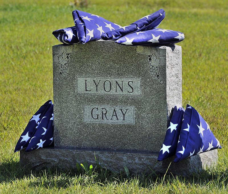 This memorial is on the site of the burial of four members of the Lyons and Gray families: Maine National Guard Private Francis Edward Lyons, US Navy Hospital Mate 3rd Class Laurence Gray, Gunners Mate 1st Class Francis William Lyons Sr., and Lieutenant Donald Gray.