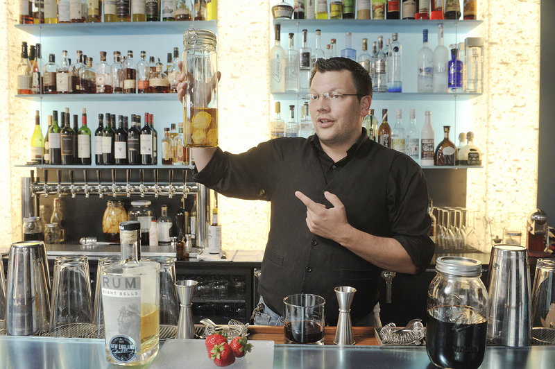 At Gingko Blue in Portland, bar manager Guy Streitburger makes his strawberry-rhubarb shrub with Eight Bells rum.