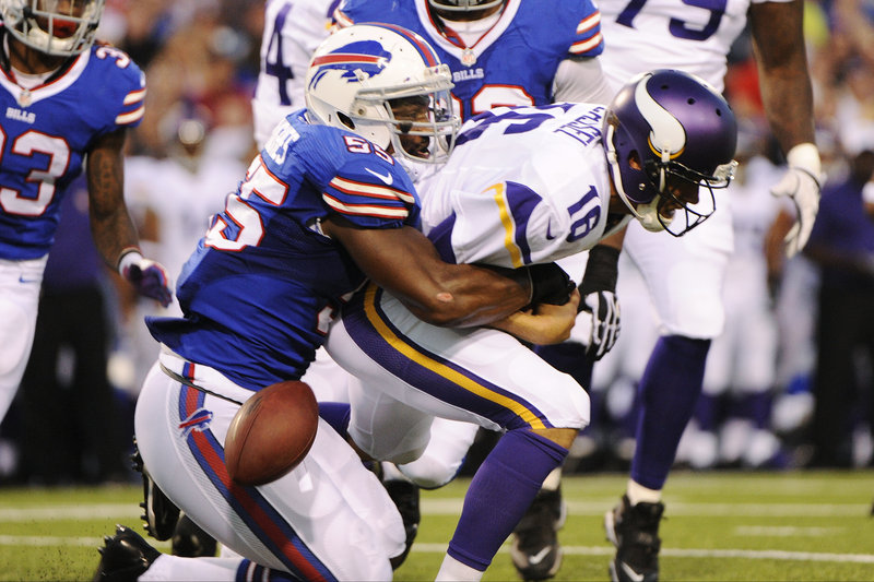 Jerry Hughes of Buffalo sacks Minnesota Vikings quarterback Matt Cassel during the first half of the Bills’ 20-16 preseason win Friday at Orchard Park, N.Y.